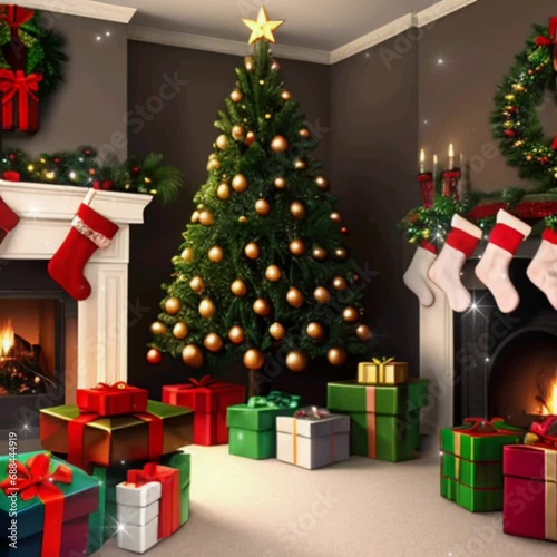 christmas tree with gifts and sparkles. Christmas tree with presents. Socks and lights. Room is Ready for Christmas holidays. Christmas Eve time. Sparkle of eve time