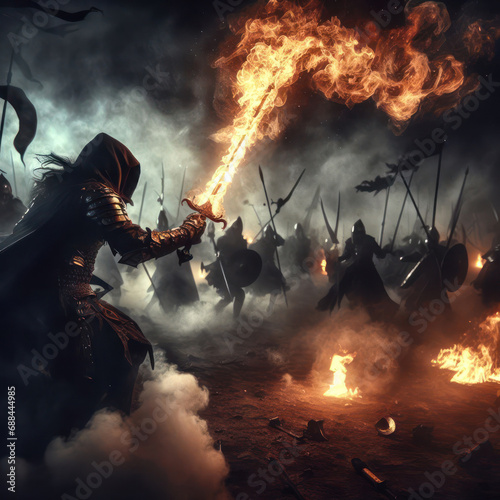 knight in armor fighting with a flaming sword in a medieval battle © clearviewstock