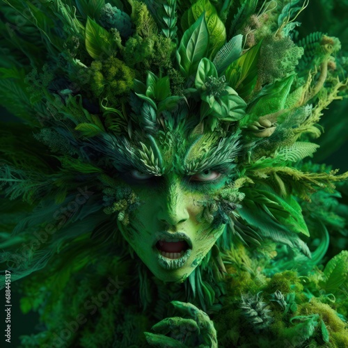 illustration on a furious nature goddess, elemental or sprite in a lush jungle