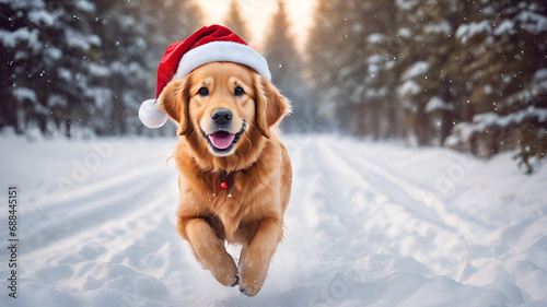 golden retriever in santa hat,Cheerful dog labrador is sitting in Santa Claus hat.