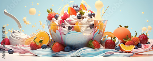Summer fresh fruits and ice spash background. Slices of fruits flying.