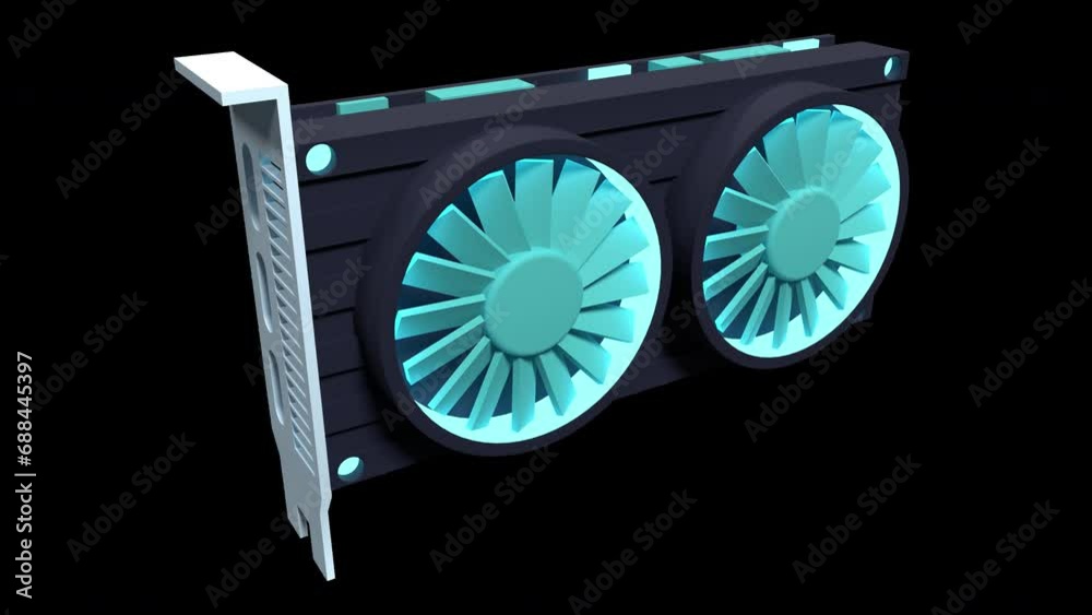 Rotating Fan Computer Graphics Dual fan graphics card animation. Computer component icon. 3D render ...