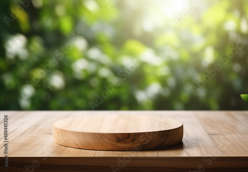 old Wooden board empty table in front of blurred natural background, brown wood, display products wood table