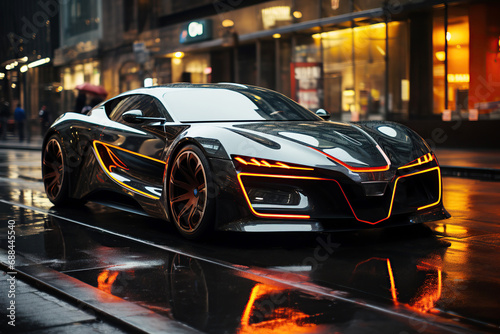 luxury sports shiny concept car on road in the city at night