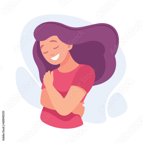 Woman Character Hug Herself Taking Care and Show Importance of Oneself Vector Illustration