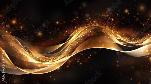 A dynamic and extravagant composition of swirling gold particles in an abstract luxury background
