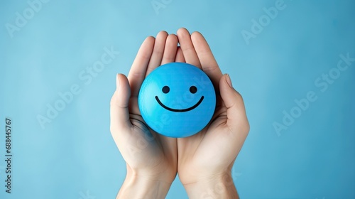 Hands holding blue happy smiley face
