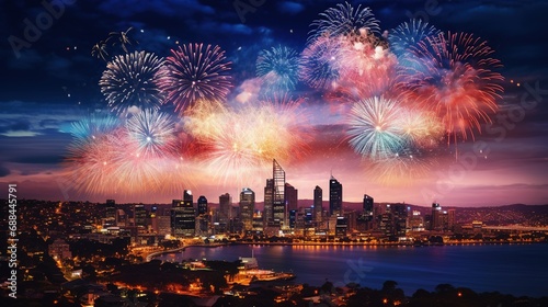 A festive New Year's Eve party with a dazzling display of fireworks lighting up the night sky over a city skyline