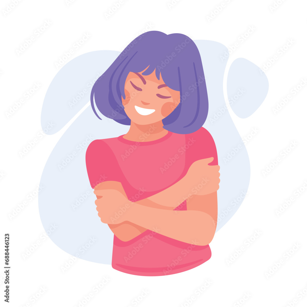 Woman Character Hug Herself Taking Care and Show Importance of Oneself Vector Illustration Woman Character Hug Herself Taking Care and Show Importance of Oneself Vector Illustration