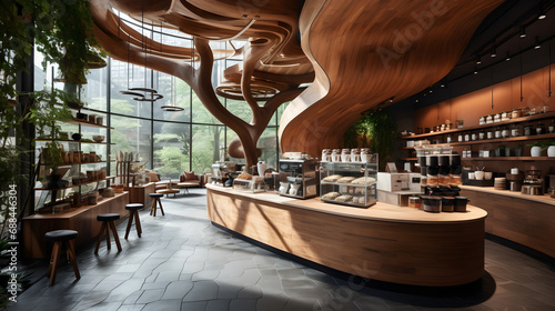 The interior of the coffee shop/cafe uses mainly wood, giving a feeling of nature and airiness.