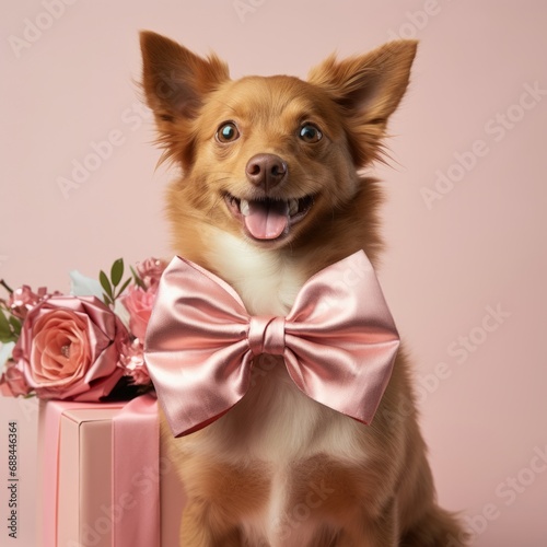 a small cute chihuahua mix dog smiling sitting behind a big present box with a gift on beige colored background photo