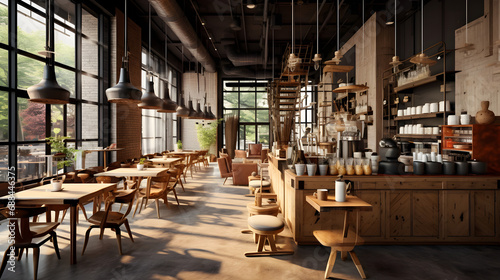 The interior of the coffee shop/café is modern and woodsy, giving it an open, modern style that makes it warm and welcoming to sip your coffee every morning. Ai generate. photo