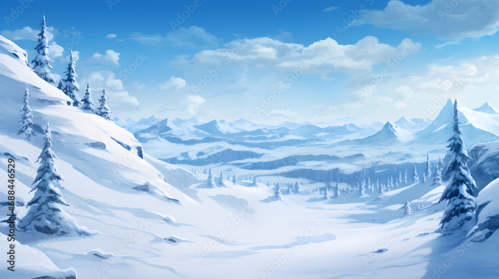 Obraz premium Winter background with snow covered mountains and trees. Ai generate.