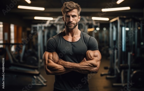 Handsome man flexing muscles in the gym photo
