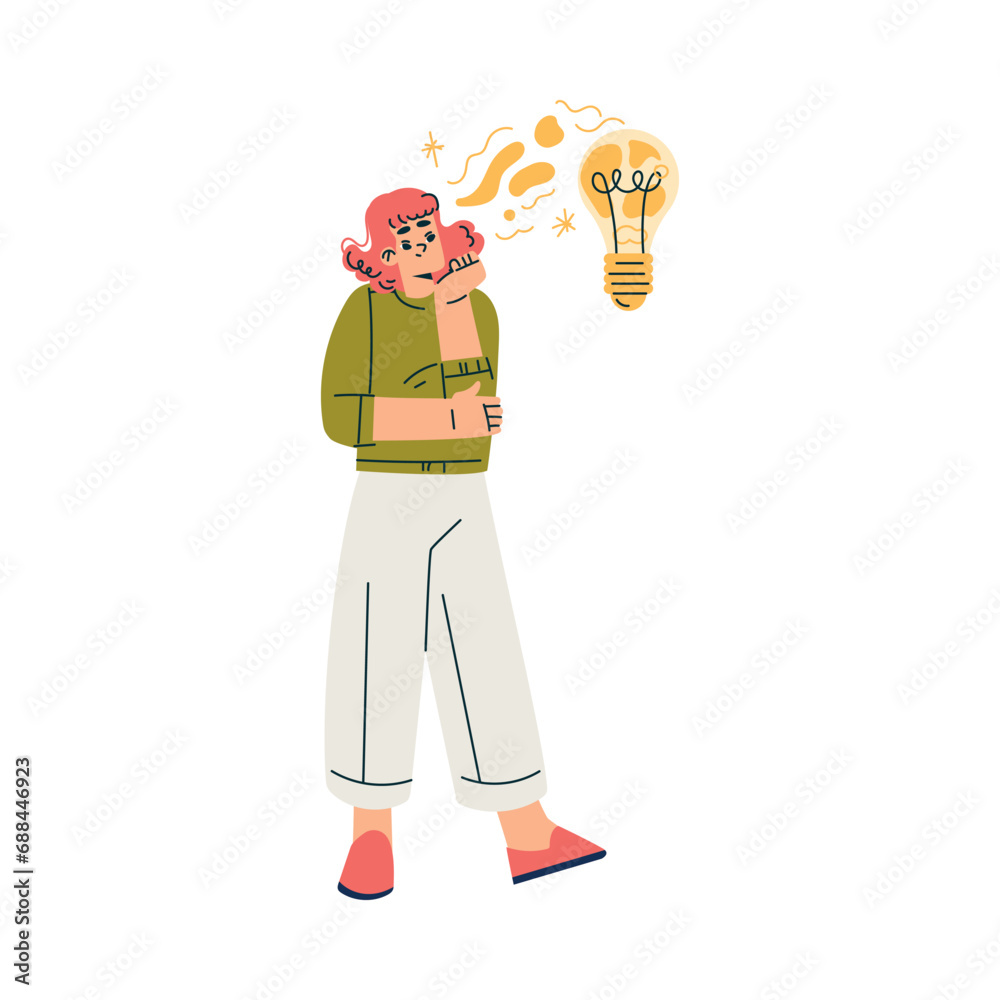 Finding Brilliant Idea with Woman Character Standing with Lightbulb Vector Illustration