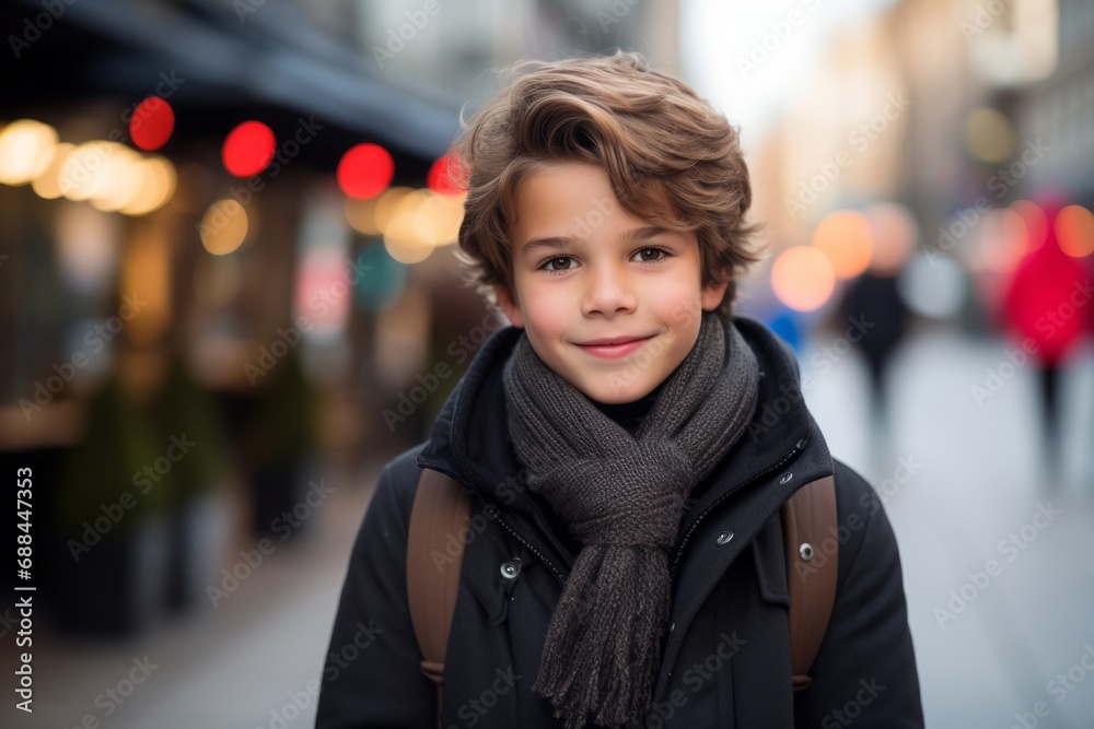 Portrait of a cute little boy on the street at Christmas time.