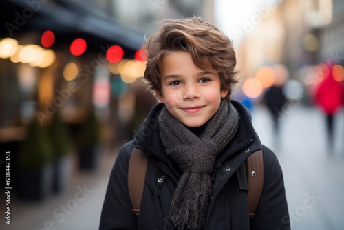 Portrait of a cute little boy on the street at Christmas time.