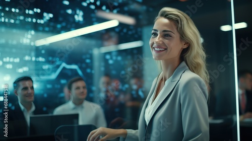 A close-up of a smiling businesswoman leading a successful presentation in a high-tech conference room with large glass windows