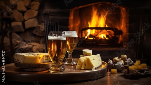 Glasses of beer and cheese on background of burning fireplace. Generative AI