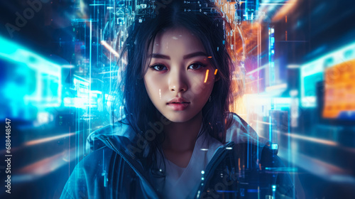 Futuristic cyberpunk portrait of a young Asian woman © JuanM