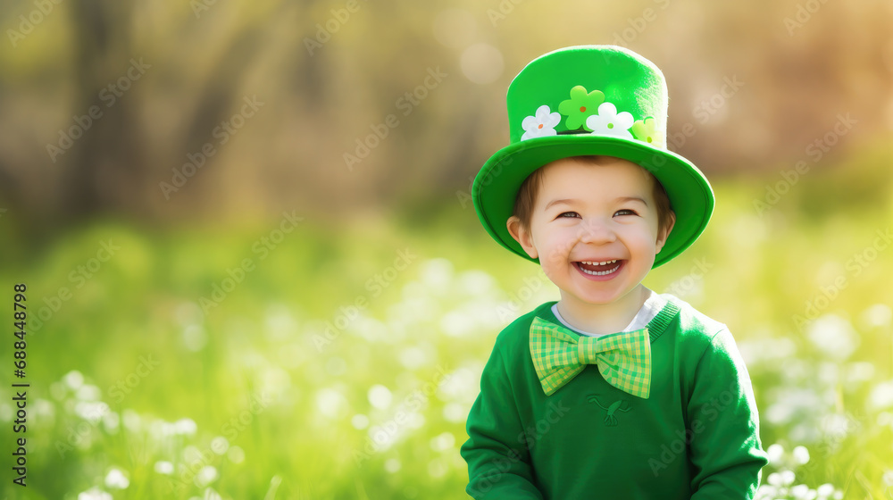 small cheerful child in a green suit, boy, St. Patrick's Day, Ireland, clover, shamrock, traditional holiday, carnival costume, kid, baby, childhood, Irishman, smile, portrait, emotional face, cute