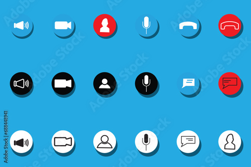 online Video call icons. Video conference. Collections buttons of on-line video chat app, internet talk, call technology. Web app ui display template. Videoconferencing and online meeting works