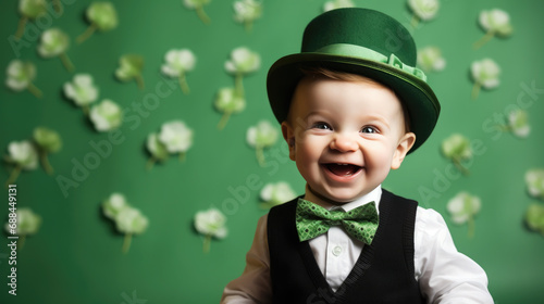 small cheerful child in a green suit, boy, St. Patrick's Day, Ireland, clover, shamrock, traditional holiday, carnival costume, kid, baby, childhood, Irishman, smile, portrait, emotional face, cute