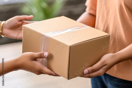 Close up hands of customer hand receiving a cardboard box parcel from delivery service courier. delivery concept of customer and worker.