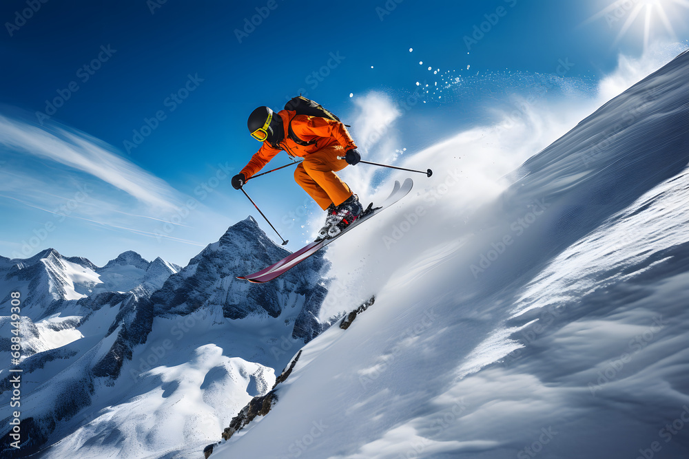 Speeding Down the Slopes. Thrilling Ski Adventure downhill a snow covered slope