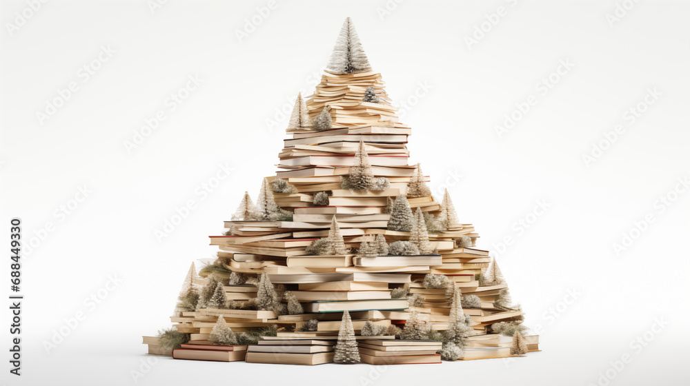An unusual, creative Christmas tree made of books isolated on white background An unusual, creative Christmas tree made of books isolated on white background