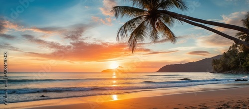 Beautiful Patong Beach in Phuket  Thailand features picturesque white sands  crystal-clear waters  and stunning skies adorned with palm trees during sunrise and sunset.