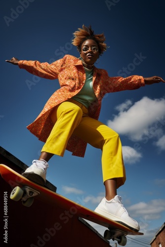 a low angle wide lens fashion magazine editorial portrait of young teenage african dark-skinned active fit woman jumping in the air with a skateboard in summer wearing funky vibrant clothes
