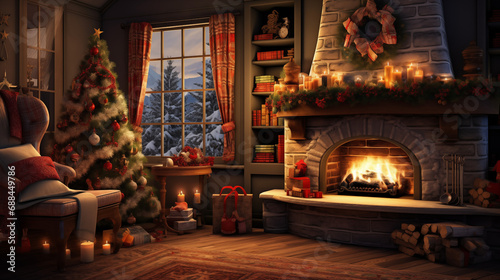 Warm Christmas themed room during winter with fireplace and candles. Books on bookshelf. Presents under the tree. © Germaine