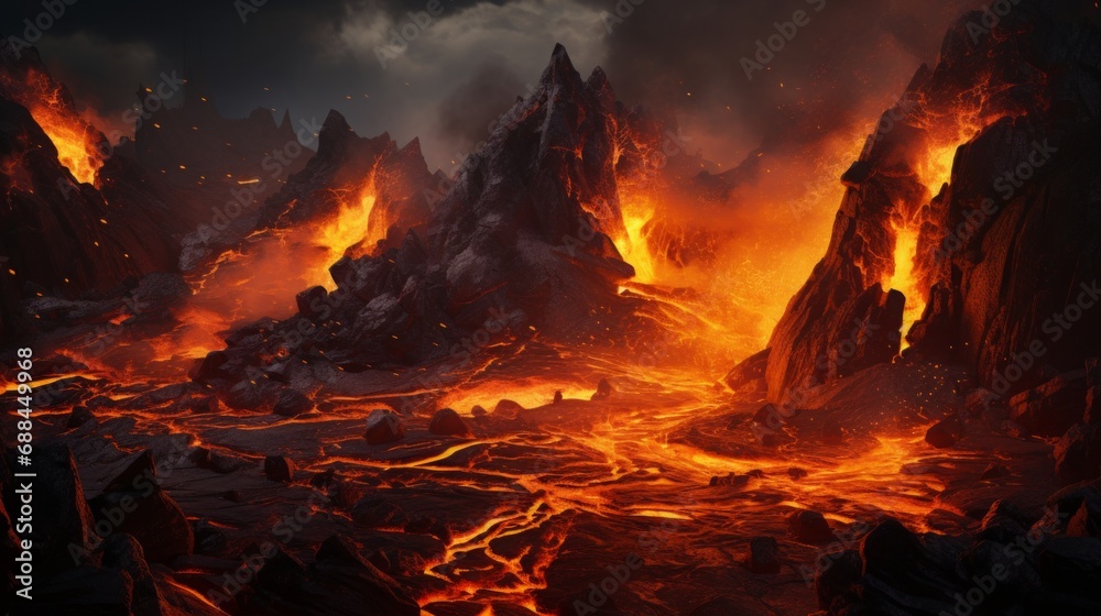 lava erupting from volcano / crater, closeup, copy space, 16:9