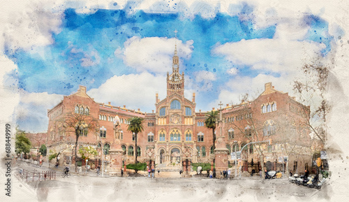 Hospital de la Santa Creu i Sant Pau complex in Barcelona, Spain in watercolor style illustration photo