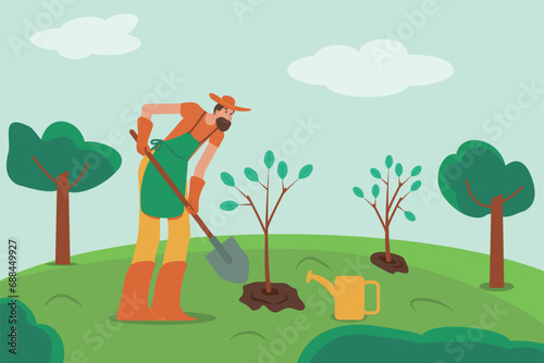 Gardener plants a tree, save nature flat 
