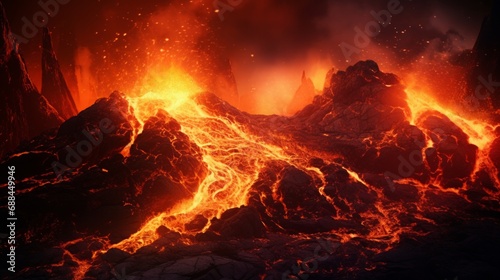 lava erupting from volcano / crater, closeup, copy space, 16:9