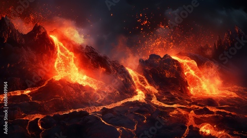 lava erupting from volcano / crater, closeup, copy space, 16:9