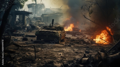 A burnt out armored vehicle in a rubble filled town. War zone with fires.