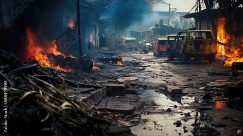 A rubble filled war zone with fires and burnt out cars.