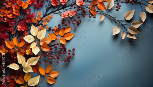 Autumn composition with berries and leaves on color background  top view Generative AI