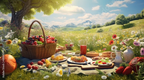 spring meadow, picnic mat / blanket with delicious food, sunny day, 16:9 photo