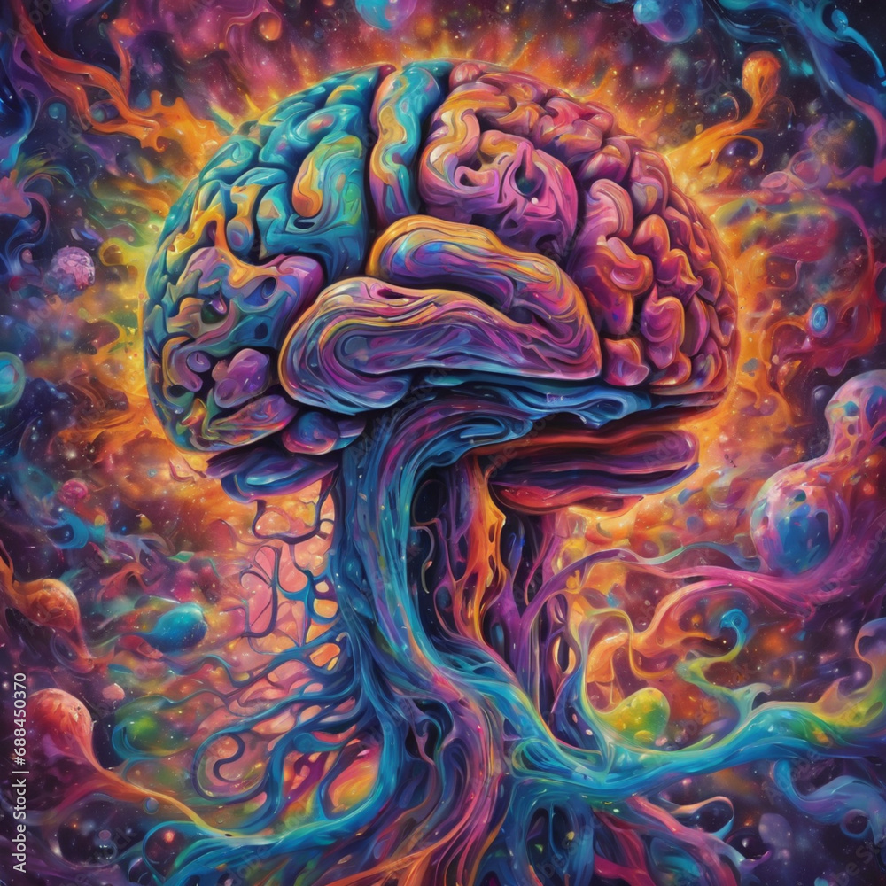 Obraz premium A fantasy drawing of the human brain with a tree pattern and crazy colors