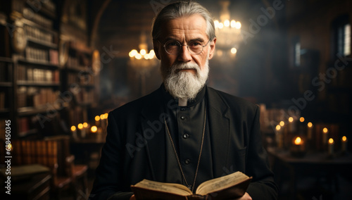 Portrait of a senior priest reading bible in a dark church,Generative AI