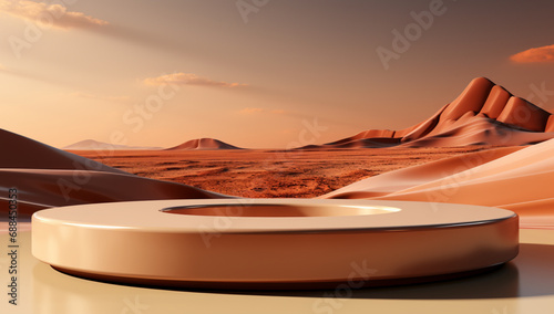 3d render of podium in desert with sand and mountains on background,Generative AI