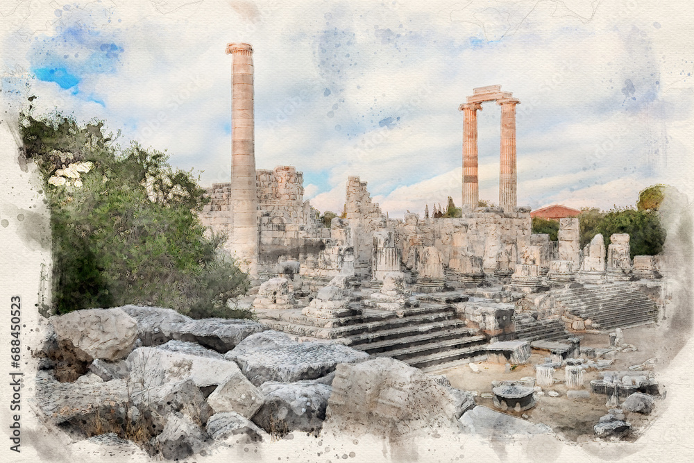 Temple of Apollo in Didyma Ancient City in Didim, Turkey in watercolor style illustration
