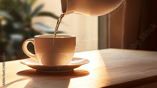 pouring coffe into a mug on a table, minimalistic style, sun shining, realistic textures and neutral colors, high quality, copy space, 16:9