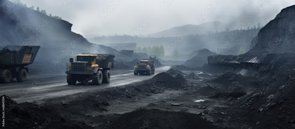 Coal mining field in Pingso, China with running dump truck. - obrazy, fototapety, plakaty 