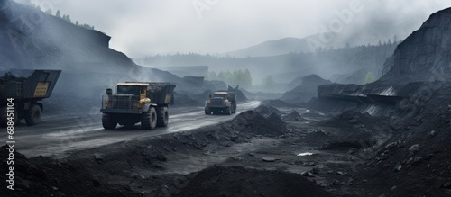 Coal mining field in Pingso, China with running dump truck. photo