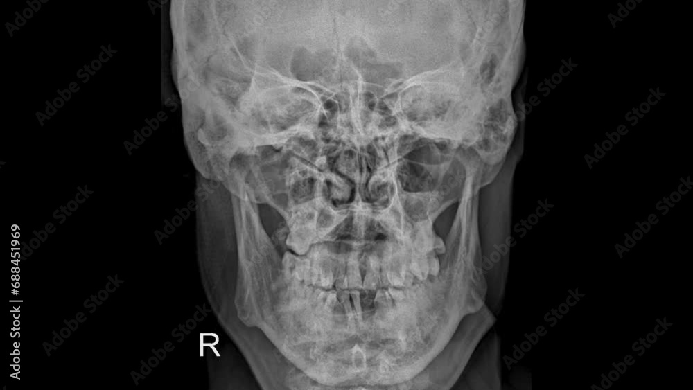 Radiographic image capturing a PA view of the mandible, revealing the intricate bone structure and alignment for diagnostic purposes. Radiographic image capturing a PA view of the mandible, revealing the intricate bone structure and alignment for diagnostic purposes.